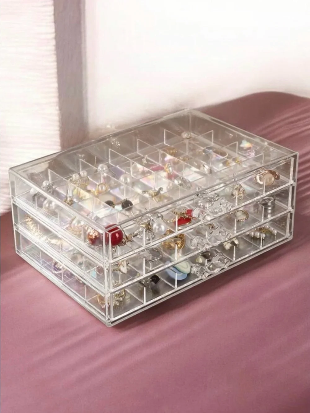 Clear Acrylic Jewelry Organizer Box Transparent 3-Drawer Storage NIP